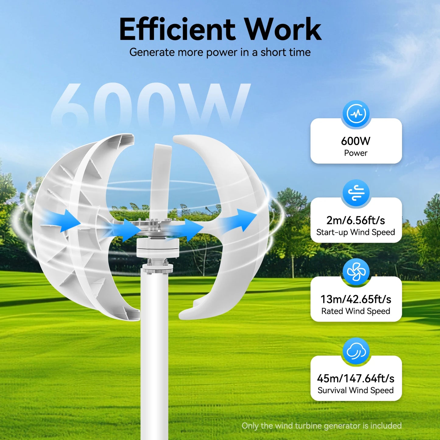 600W 12V/24V Wind Generator Solar Wind Turbine Wind Turbines Lantern 5 Blades Electromagnetic Control IP67