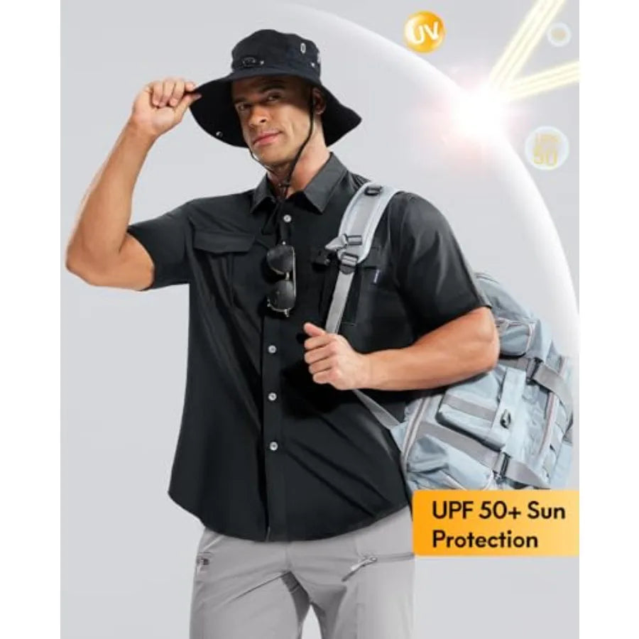 Haimont Men's Sun Protection Shirt Water Resistant Short Sleeve Button Down Shirt Quick Dry Cooling for Hiking Fishing