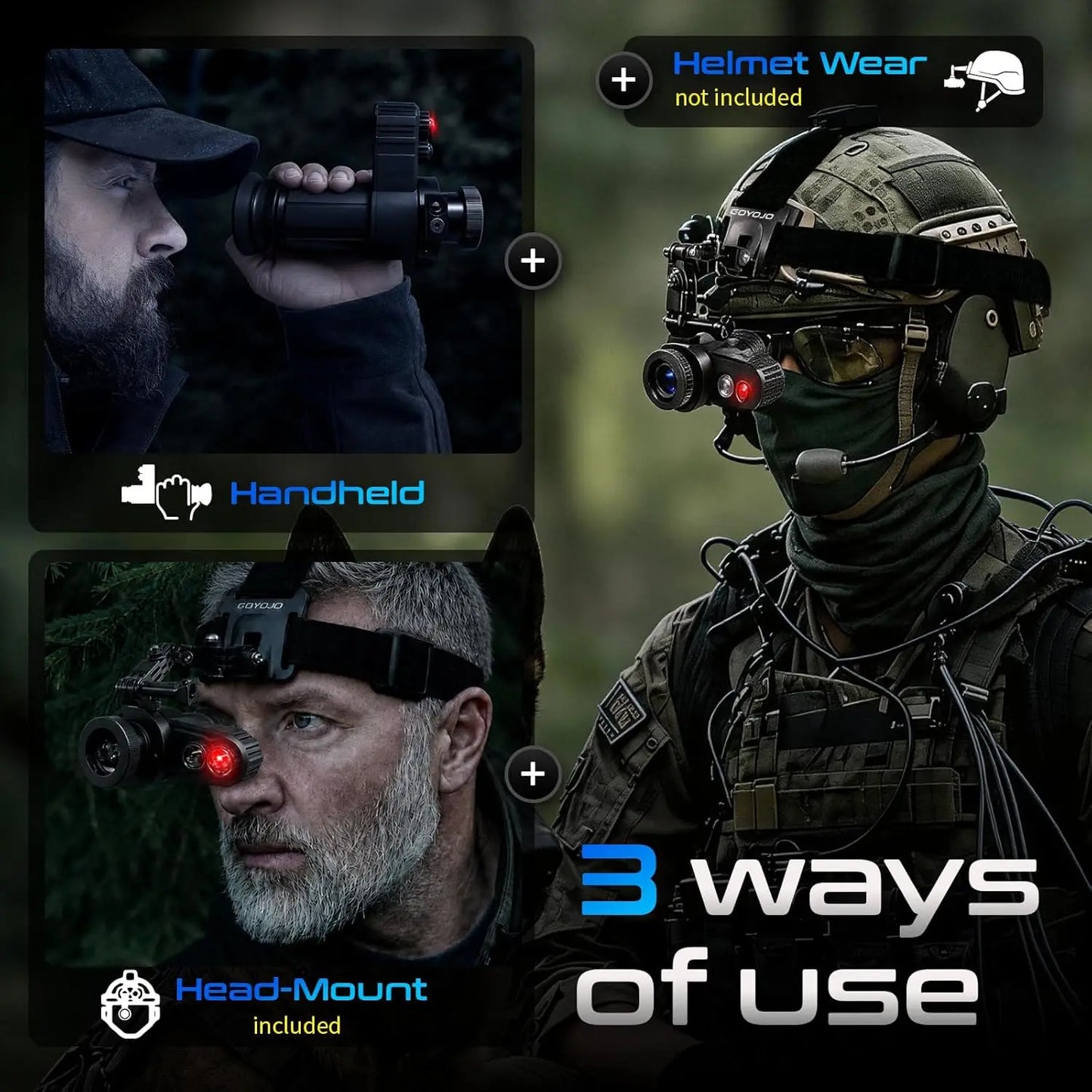 Head-Mounted Night Vision Monocular Goggles with Elastic Head Strap, Default 7X Magnification, Digital Infrared NVG Equipment 1148FT Range with 1.54in HD Screen, Rechargeable for Ghost Camping
