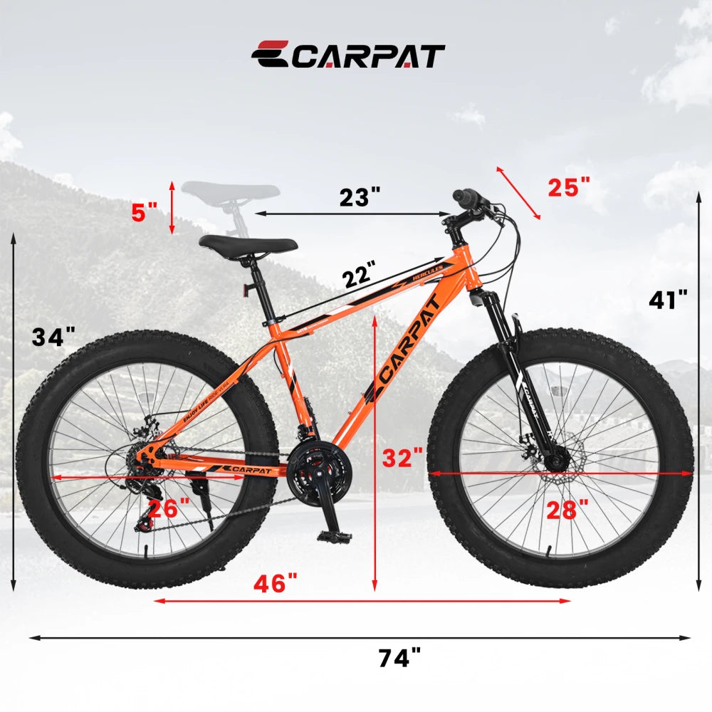 26 Inch Adult Fat Tire Mountain Bike, 21 Speed Gears, High Carbon Steel Frame, Front Suspension, Front Rear Dual Disc Brakes, All Terrain Bicycle for Mountain & City Commute
