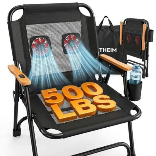 Camping Chair with Fan Dual Cooling Fans 500 lbs Heavy Duty Folding Chair Breathable Mesh Back Wooden Armrests Cup Holder and C