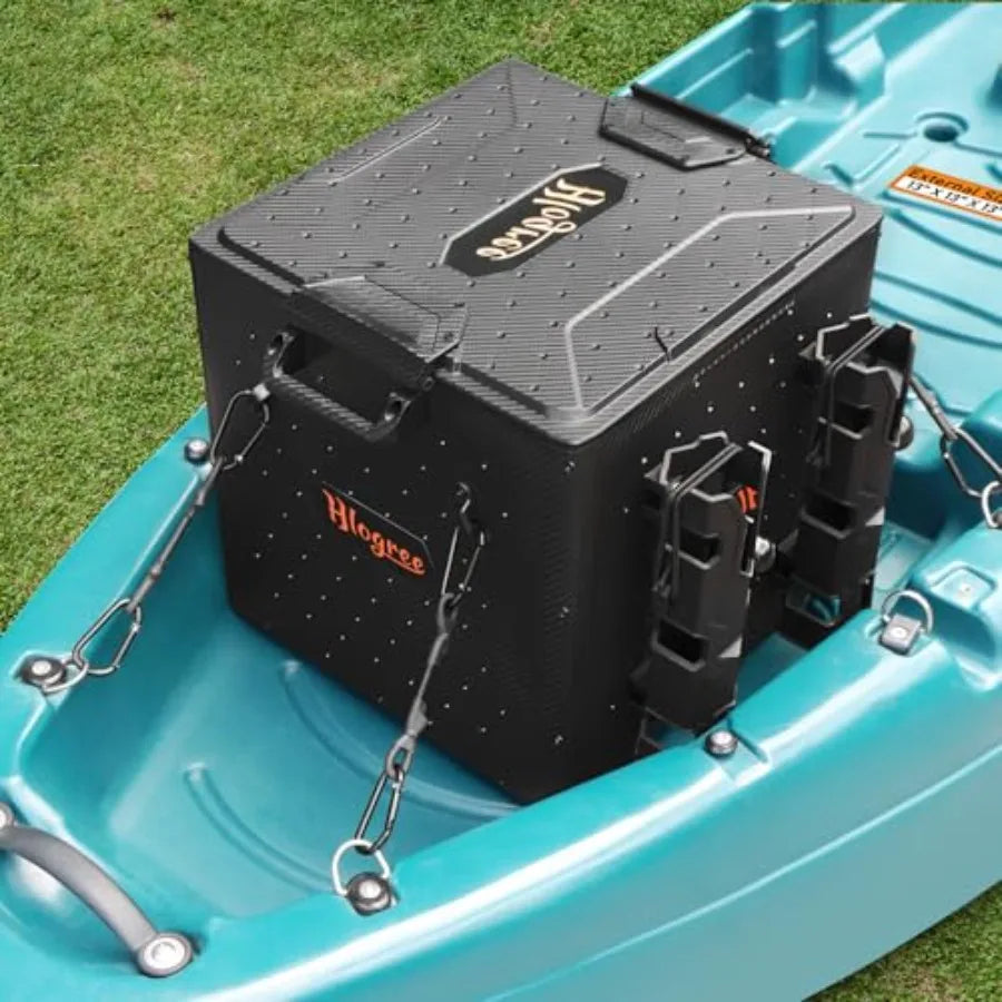 FlexCrate Kayak Fishing Crate with 4 Rod Holders Assembly Needed,13''x13''x13'' Compact Kayak Tackle Storage Box and Gear Organ