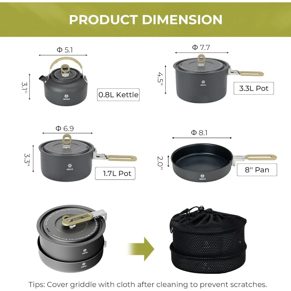 Alocs Camping Cookware Set - Lightweight Camping Pots and Pans - Portable Outdoor Cookware