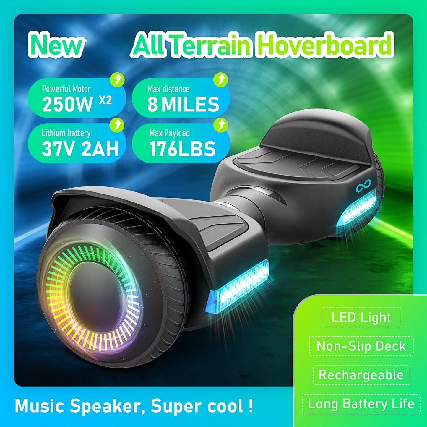 Kids 6.5'' Self Balancing Hoverboard All Terrain with LED Light And Bluetooth Speaker - Portable Smart Transport Device