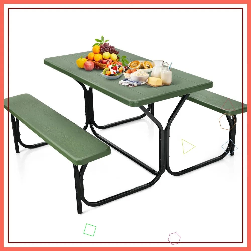 Portable Picnic Table Bench Set for 4, Heavy-Duty Steel Frame & Resin Top, All-Weather Outdoor Camping BBQ Garden Green