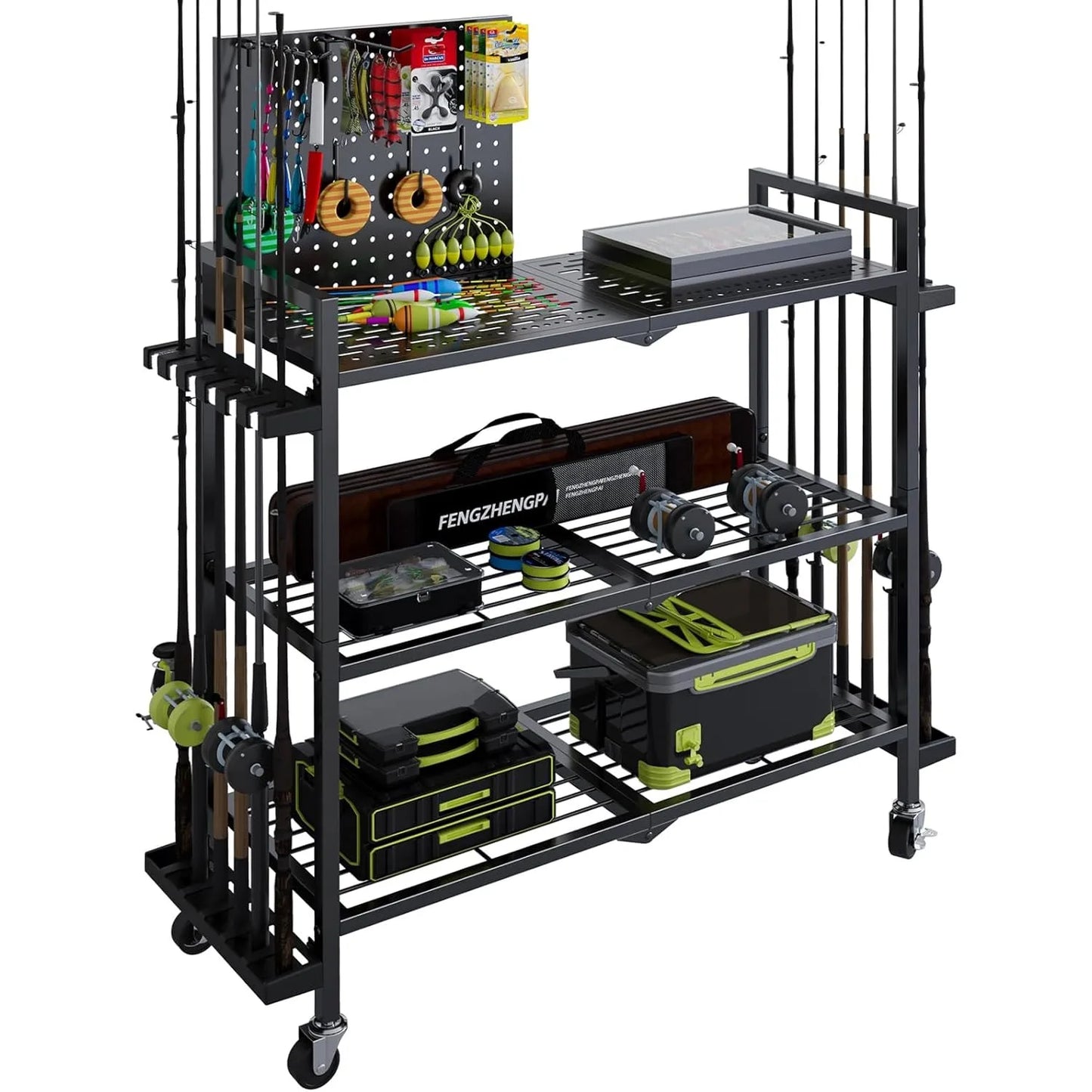 Garage fishing rod rack, fishing rod rack with wheels and pegboard, perfect for storing fishing tackle, backpacks and equipment