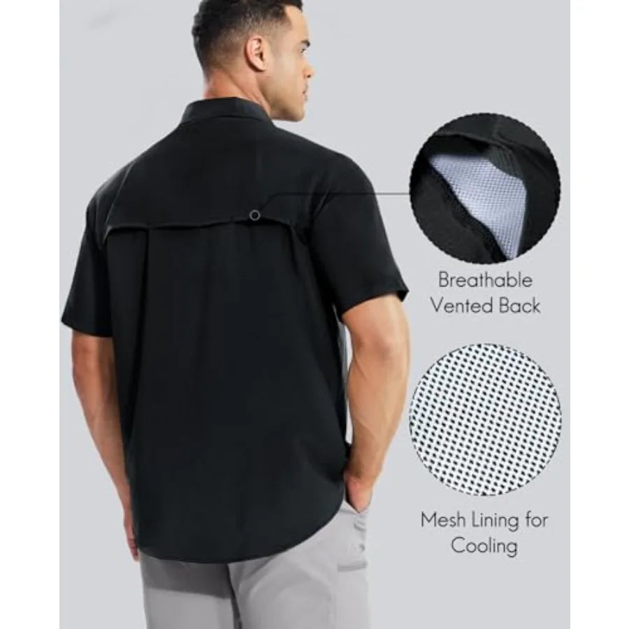 Haimont Men's Sun Protection Shirt Water Resistant Short Sleeve Button Down Shirt Quick Dry Cooling for Hiking Fishing