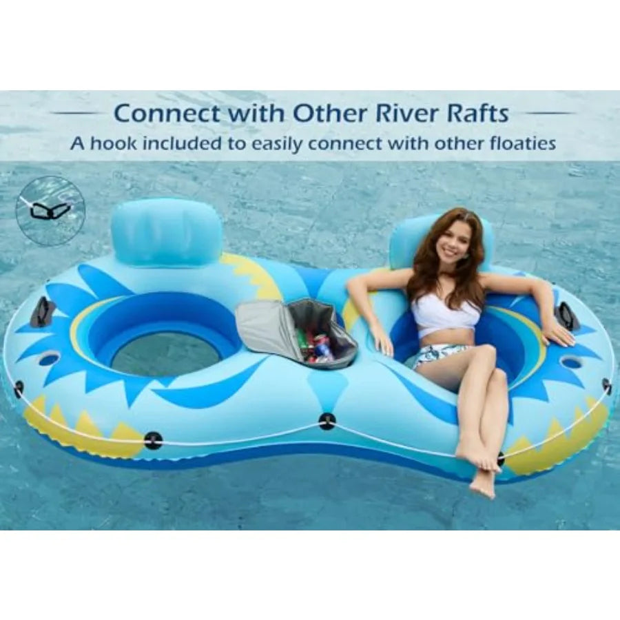 Inflatable River Tube Float 2 Person Heavy Duty with Removable Cooler and 2 Cup Holders for Adults Blue Lake Water Raft Lounge
