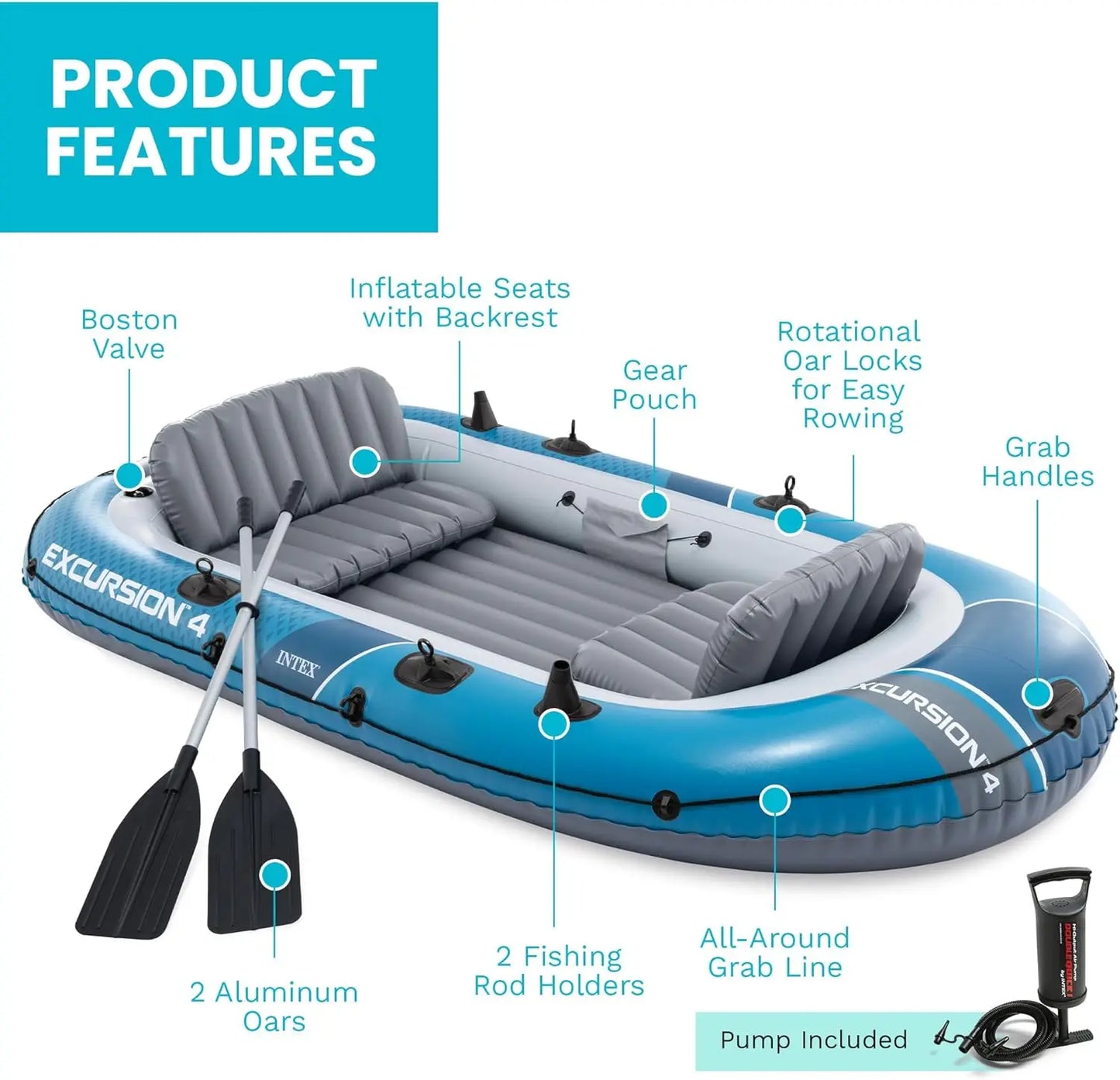 4 Person Inflatable Boat Set with Deluxe 54in Aluminum Oars and High-Output Pump, Adjustable Seats with Backrest, Fishing Rod Holders, 1100lb Capacity