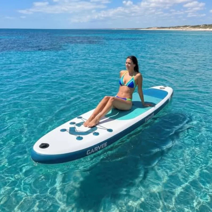 Inflatable Stand Up Paddle Board for outdoor water sports, durable PVC material, blue color, ultra-stable wide design with non-