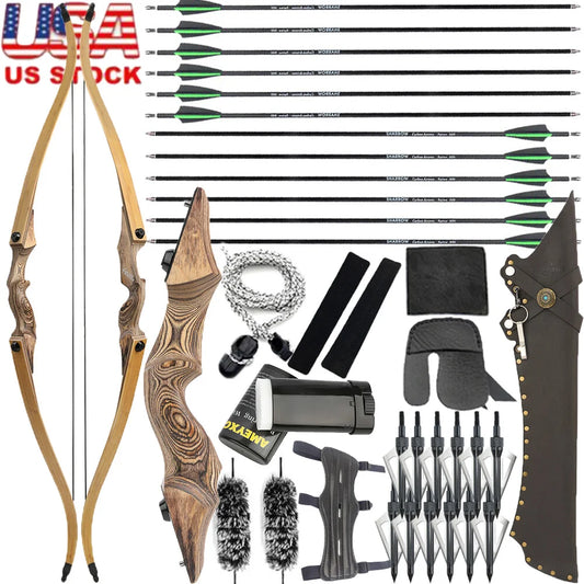 60 Inch Takedown Recurve Bow Arrow Kit 20-60Lbs Adjustable Draw Weight Wooden Riser Bamboo Core Laminated Limbs Right Hand Portable Archery Set for Adult Target Shooting and Light Outdoor Hunting Training Gear