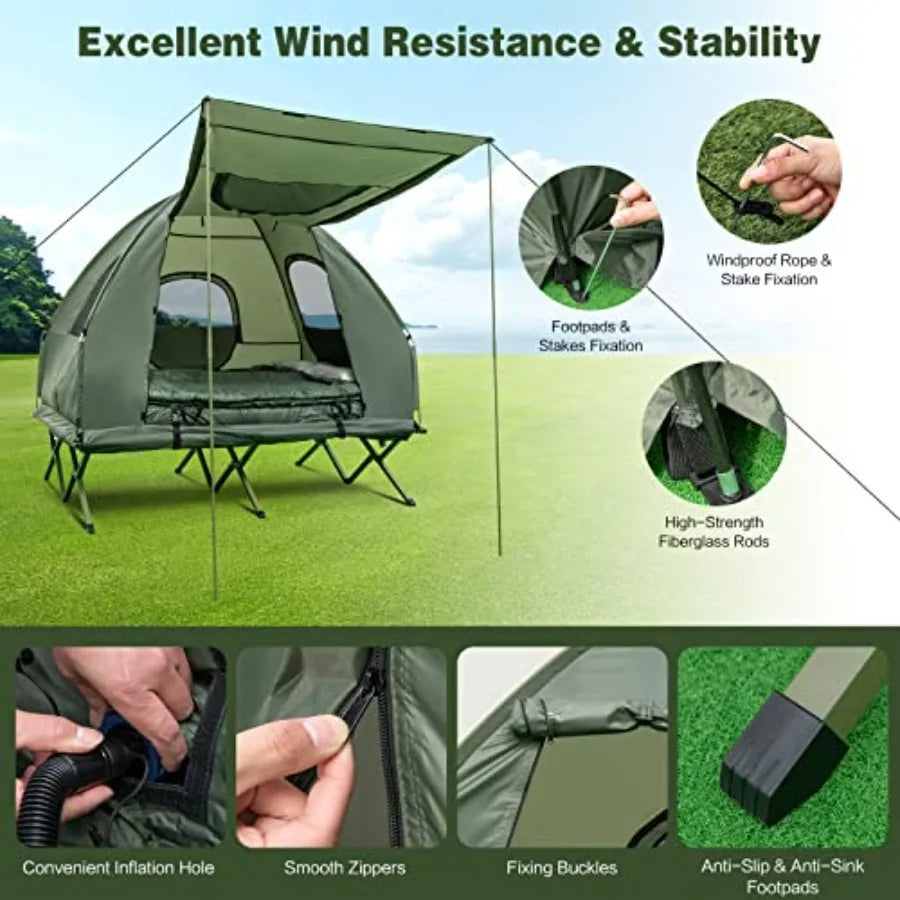 2-Person Foldable Elevated Camping Tent with Air Mattress Sleeping Bag Portable Dome Tent Cot for Hiking Camping Picnic in Grey