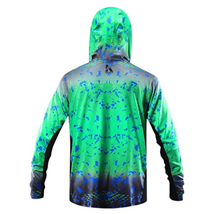 Performance Fishing Hoodie with Face Mask UPF50 Sunblock Shirt Hooded Long Sleeve with Drawstrings Pocket