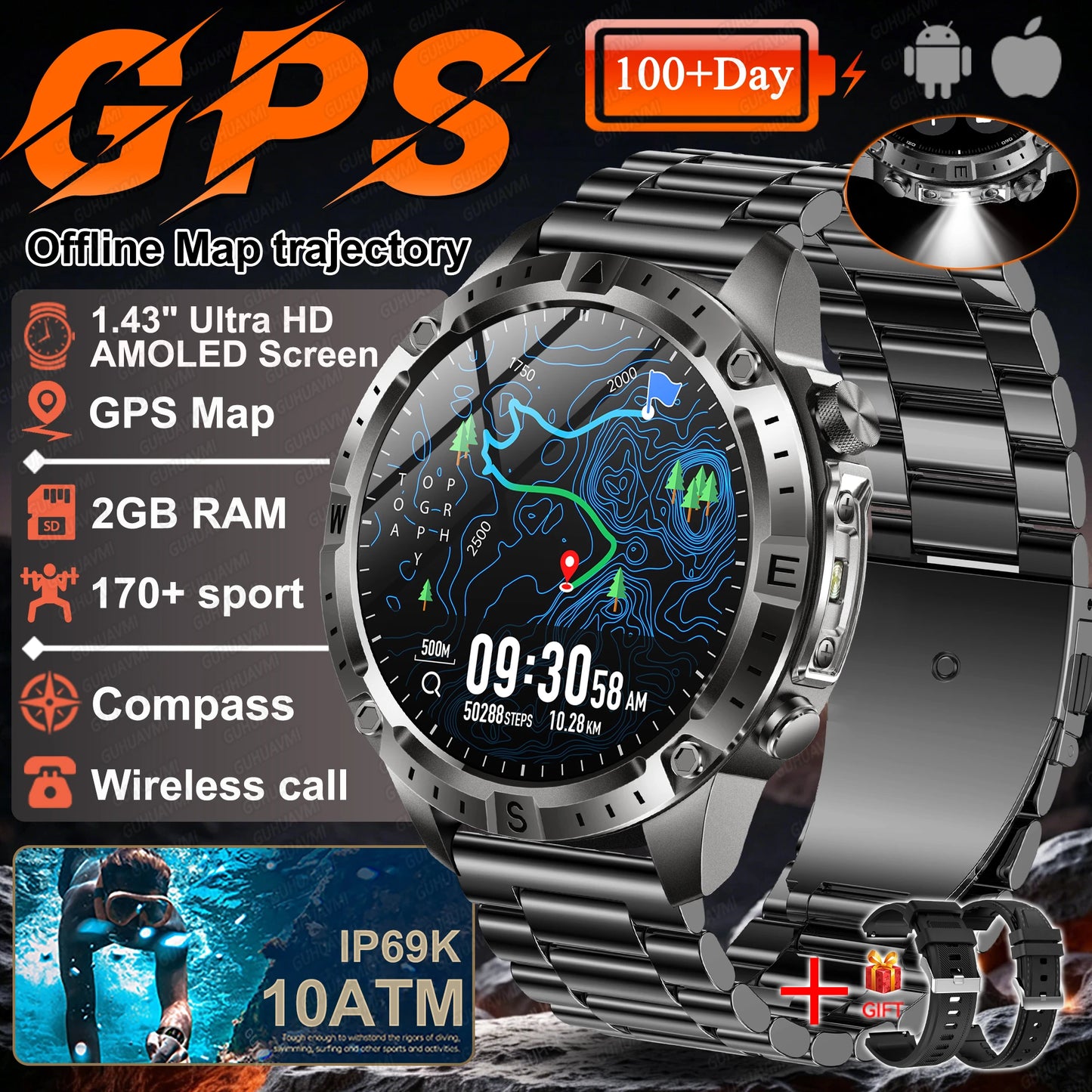 2026 NEW Outdoors Offline Map GPS Smart Watch L1+L2 Dual Band GPS Compass Cycling Run Swim Heart Rate 10ATM Military Smartwatchs
