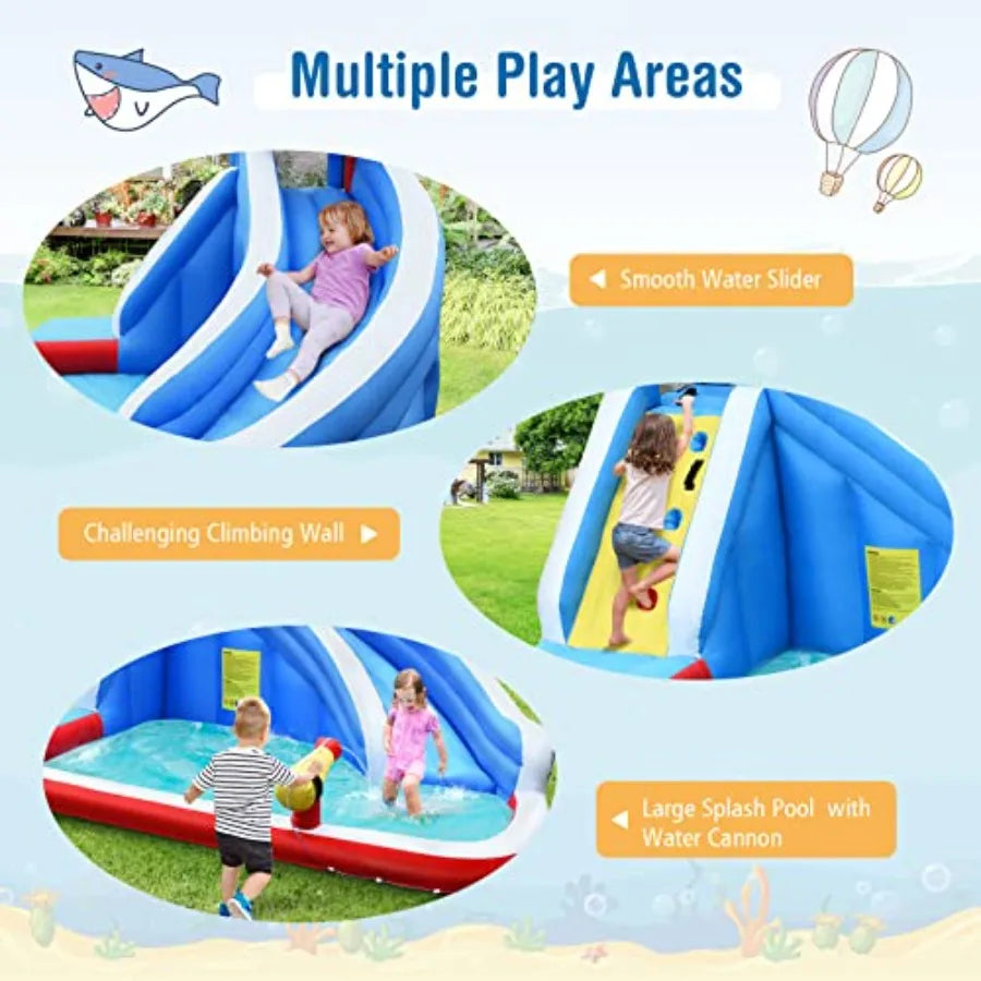 Inflatable Water Slide Shark Theme Blow Up Water Park Bounce House for Backyard Climbing Wall Indoor Outdoor Waterslides Inflat