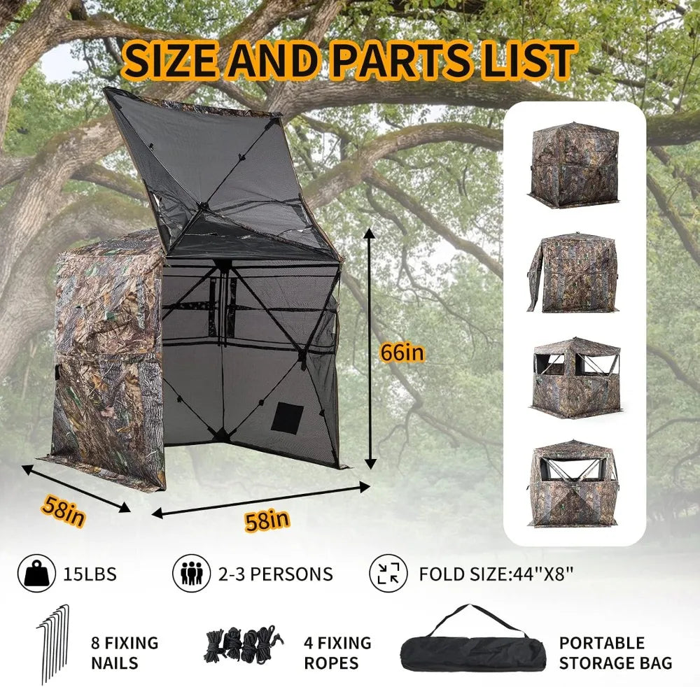 270/360 Degree See Through Ground Blind with Carrying Bag, 2/3/4 Person Pop Up Camouflage Tent Portable Concealed Shelter