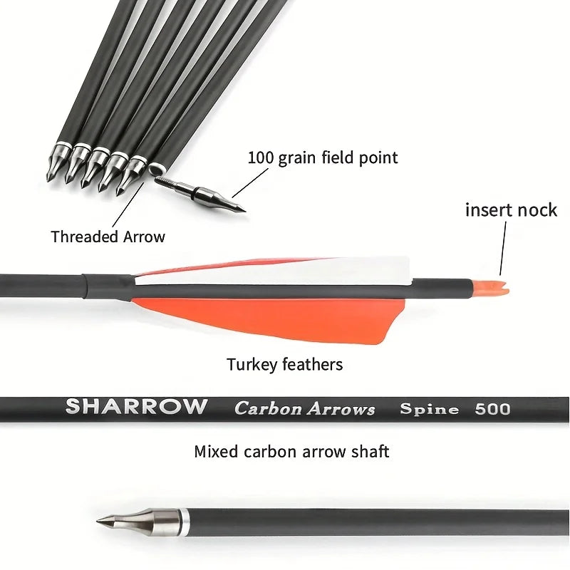 Spine500 Archery Mixed Carbon Arrows ID6.2mm OD7.8mm Shaft 100 Gr Arrowheads 4"Turkey Feather Archery Bow Hunting Shooting 12pcs