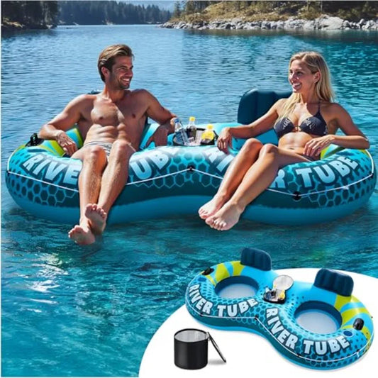 2-Person Inflatable River Tube - Heavy Duty River Run Tubes Pool Lake Floats for Adults Large Floating Raft Lounge Above Water