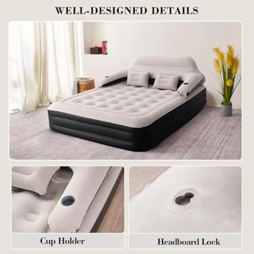 Queen Size Air Mattress with Adjustable Headboard and Pump, Inflatable Bed Blow Up Mattress, Mattress