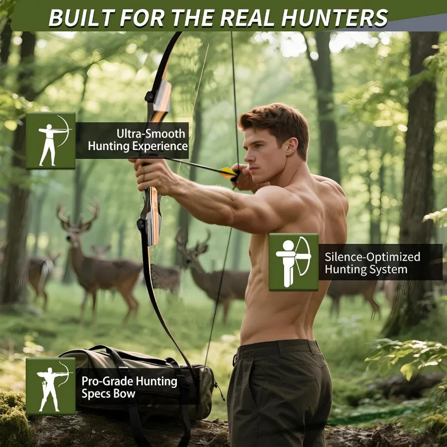 Archery Wooden Bow and Arrow Set for Adults Fast Installation 62'' Hunting Bow Arrow Archery Set with 3050 Lbs Right Handed