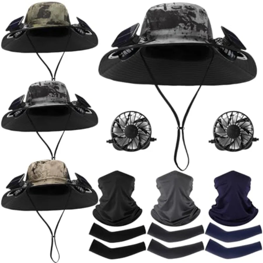 Outdoor fishing hat with wide brim, polyester fabric, black color, solar-powered USB fans and included arm sleeves neck gaiter