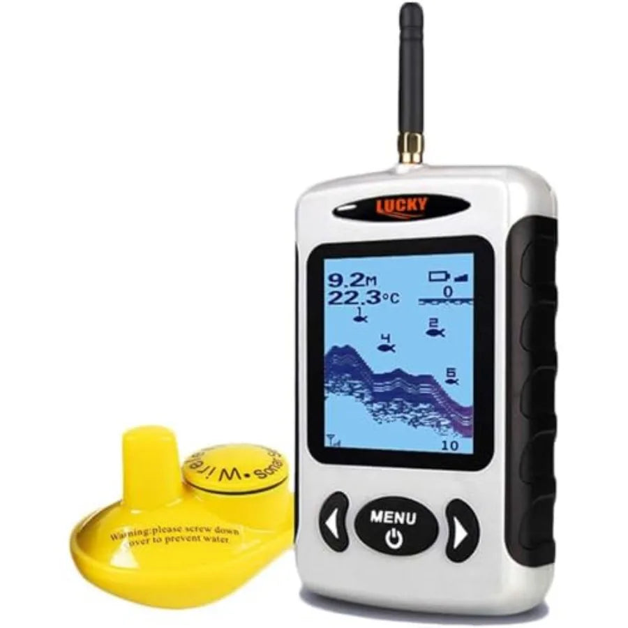 Handheld fish finder for boat and kayak use, ABS plastic body in black, wireless transducer with LCD depth display, portable an