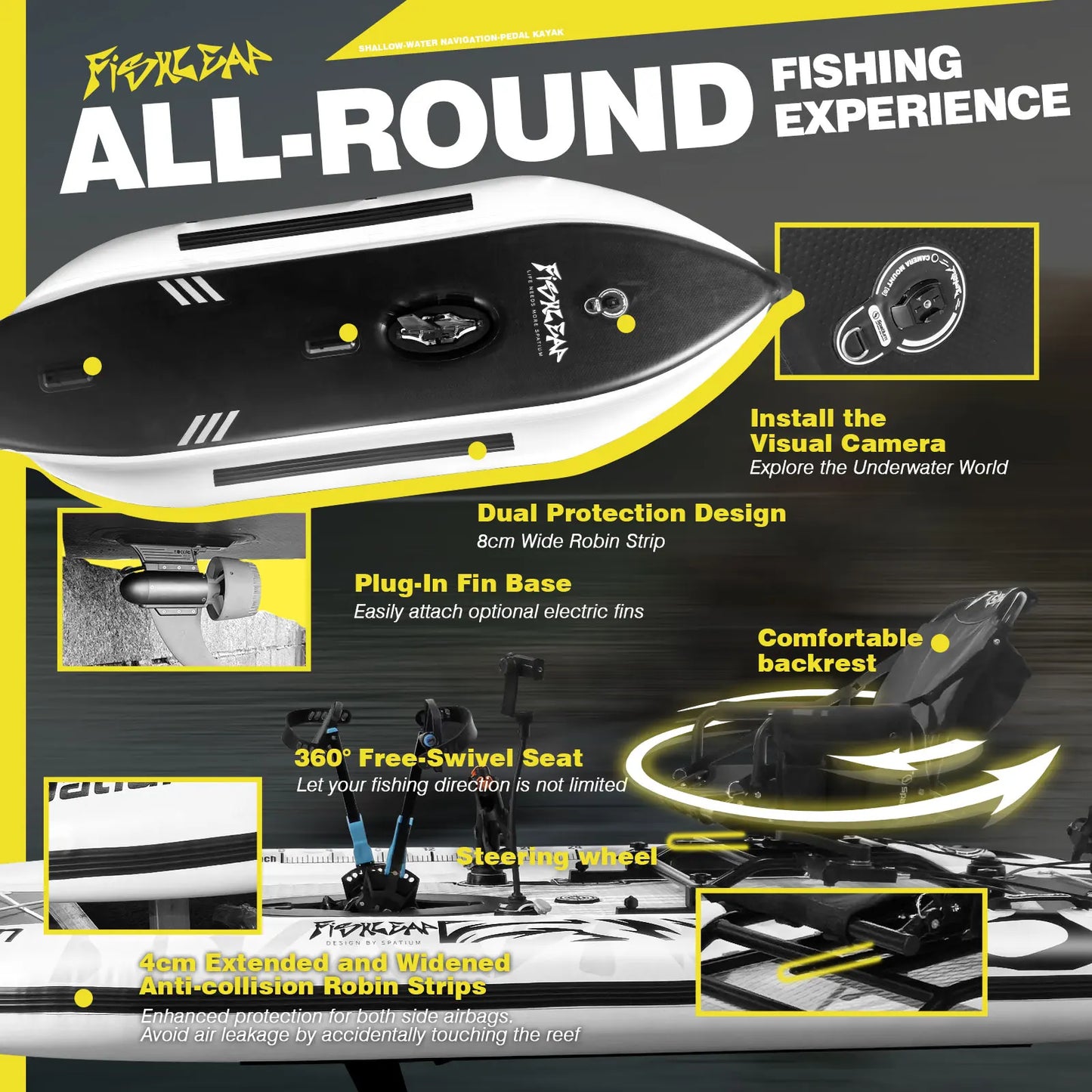 Spatium 11.5ft Flipper Pedal Drive Fishing Inflatable Kayak with Motor, Fishing Board Hull for Shallow-Water Navigation,360°Rotatable & Adjustable Seat