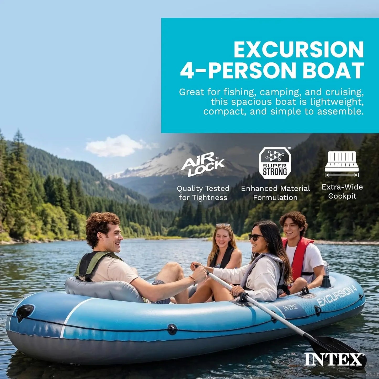 4 Person Inflatable Boat Set with Deluxe 54in Aluminum Oars and High-Output Pump, Adjustable Seats with Backrest, Fishing Rod Holders, 1100lb Capacity