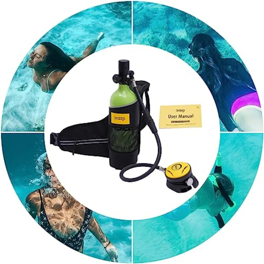 Mini Scuba Tank for snorkeling scuba diving, aluminum alloy, black, 1L capacity, 200Bar refillable, supports 15-20 min underwat
