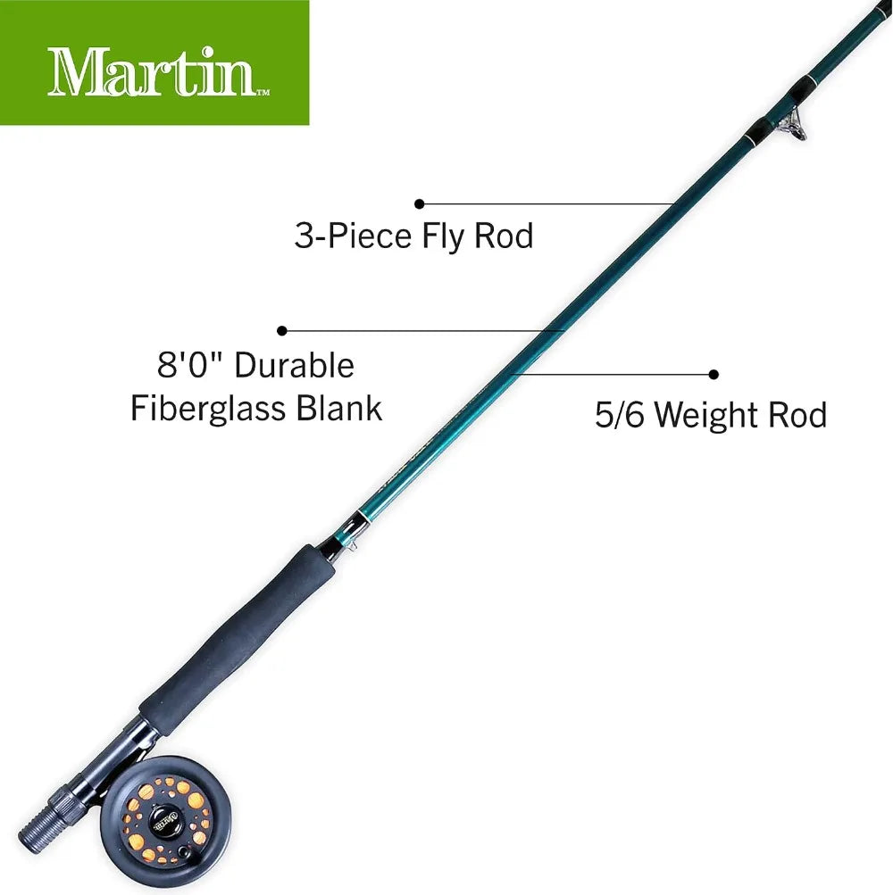 Complete Fly Fishing Kit - 8ft 5/6wt 3-Piece Rod, Reel, Line & Tackle - Moderate Action Fiberglass - Perfect for Trout, Bass & More