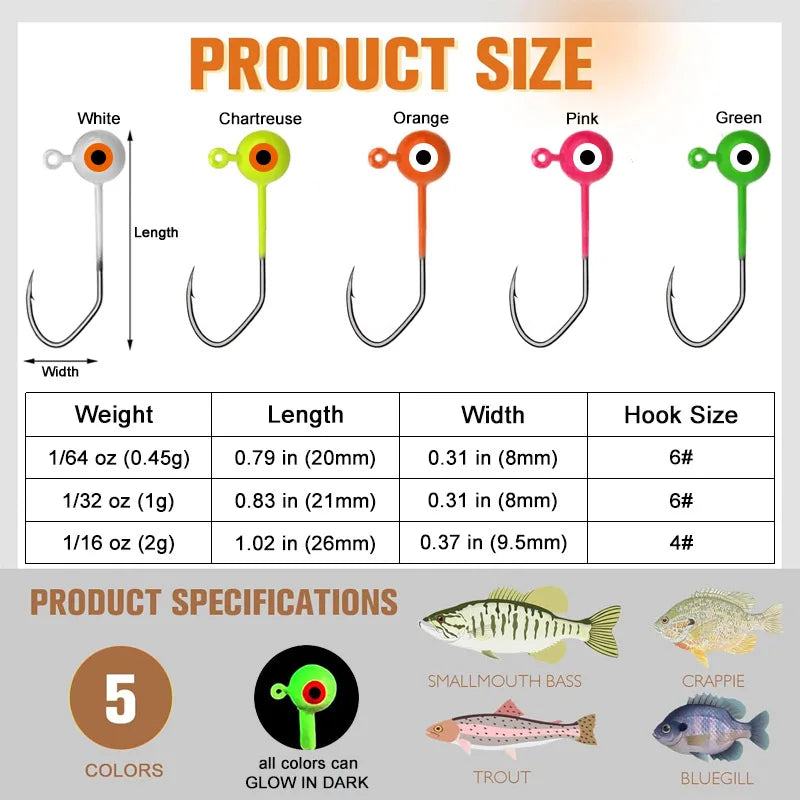 50pcs Round Ball Crappie Jig Heads Hook With Double Eyes Bass Trout Freshwater Saltwater Fishing Lure