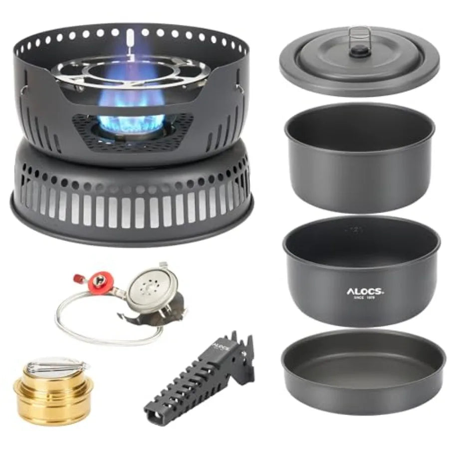 Camping Cookware - 11 Piece Lightweight Camp Cooking Set with Portable Camping Stove Gas Stove Burner - Durable Compact Camping
