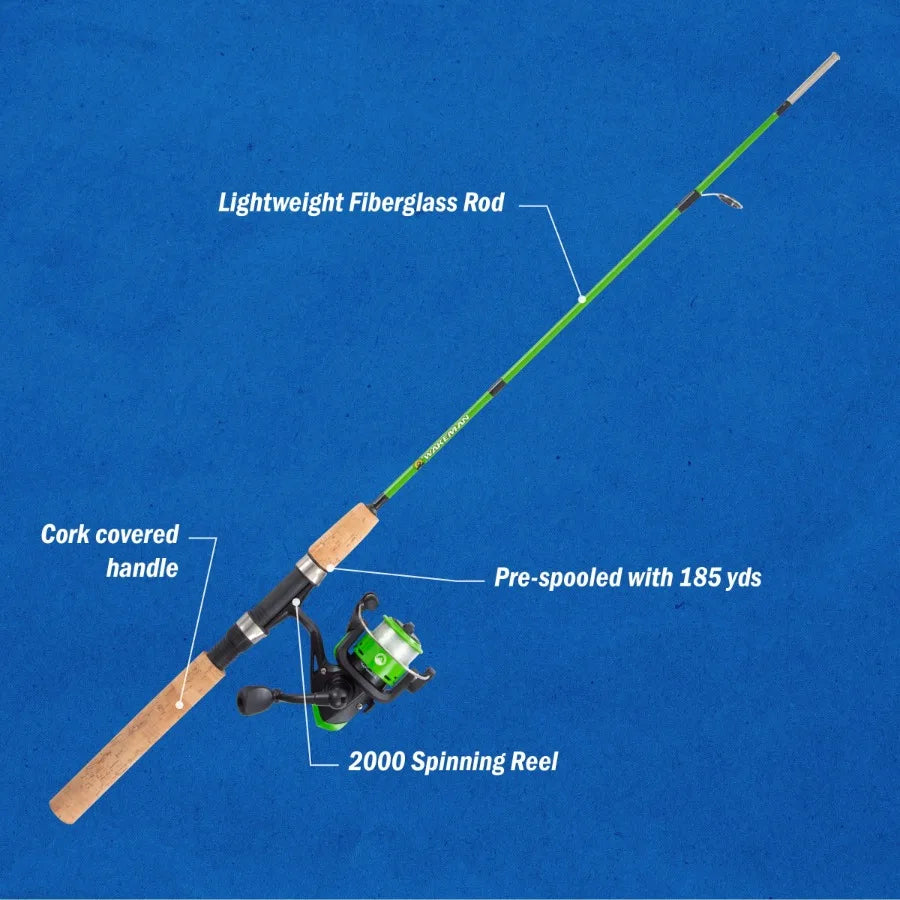Fishing rod and reel combo for freshwater angling, graphite construction, green color, lightweight and sensitive design