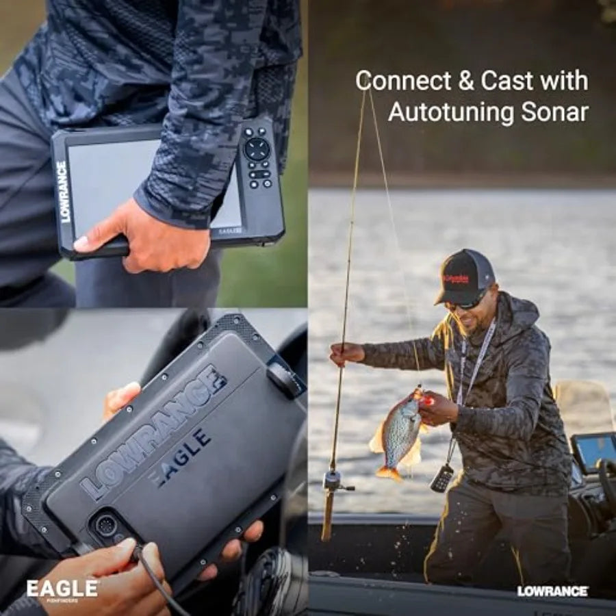 Eagle Fish Finders with IPS Screen for marine navigation, durable ABS plastic housing, black color, high-contrast sunlight-read