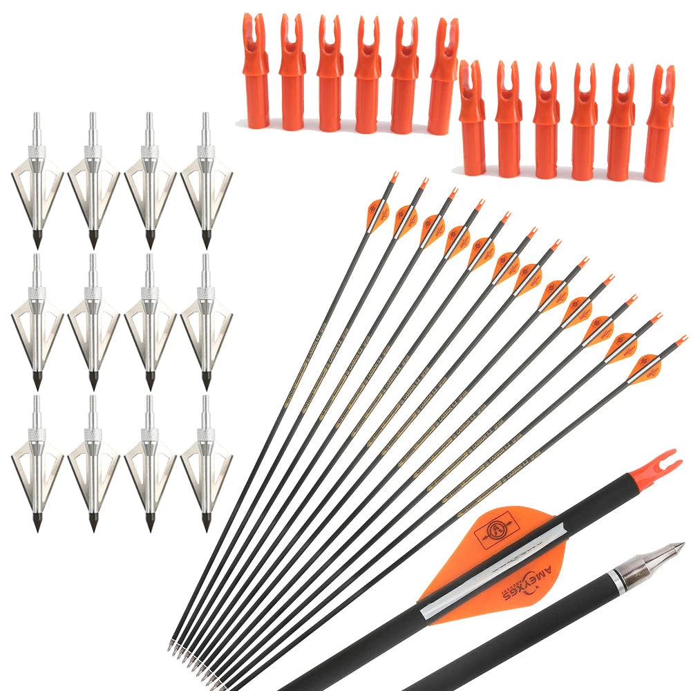 Carbon Arrows 12pcs 30'' SP300-400 ID6.2mm with 12pcs 100 Grain Broadheads and 12pcs Arrow Nocks for Compound Bow Hunting Target