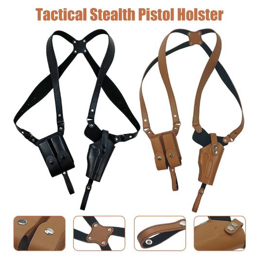Leather General Vertical Gun Holster with Double Mag Fit Adjustable Vertical Concealed Holster Universal Fit for Most Pistols