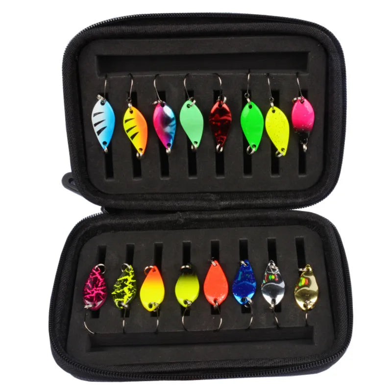 Fly Fishing Bait Rotating Spoon Bait with Foam Box Hard Fishing Accessory Bag Portable Bait Bag 16PCS