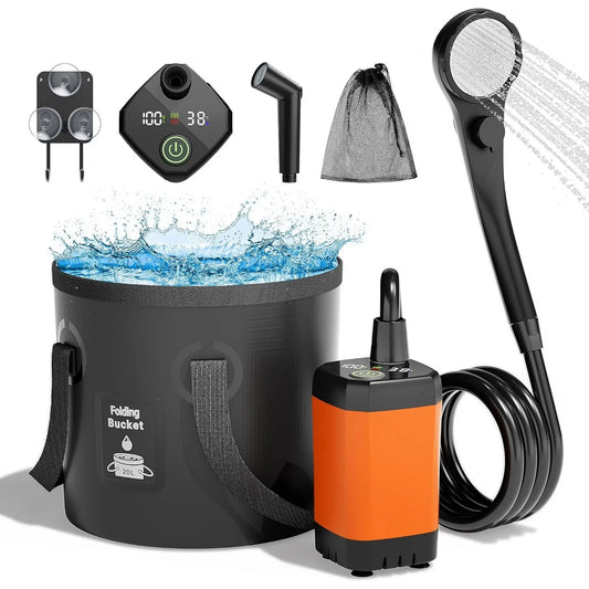 Upgrade 6000mAh Rechargeable Portable Camping Shower, 5 Gallon Collapsible Bucket, LED Display, Multiple Spray Modes, Hiking