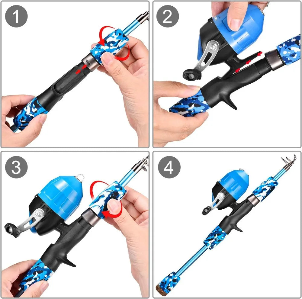 Kids Fishing Pole Pink, Portable Telescopic Rod and Reel Combo Kit with Tackle Box for Girls Youth