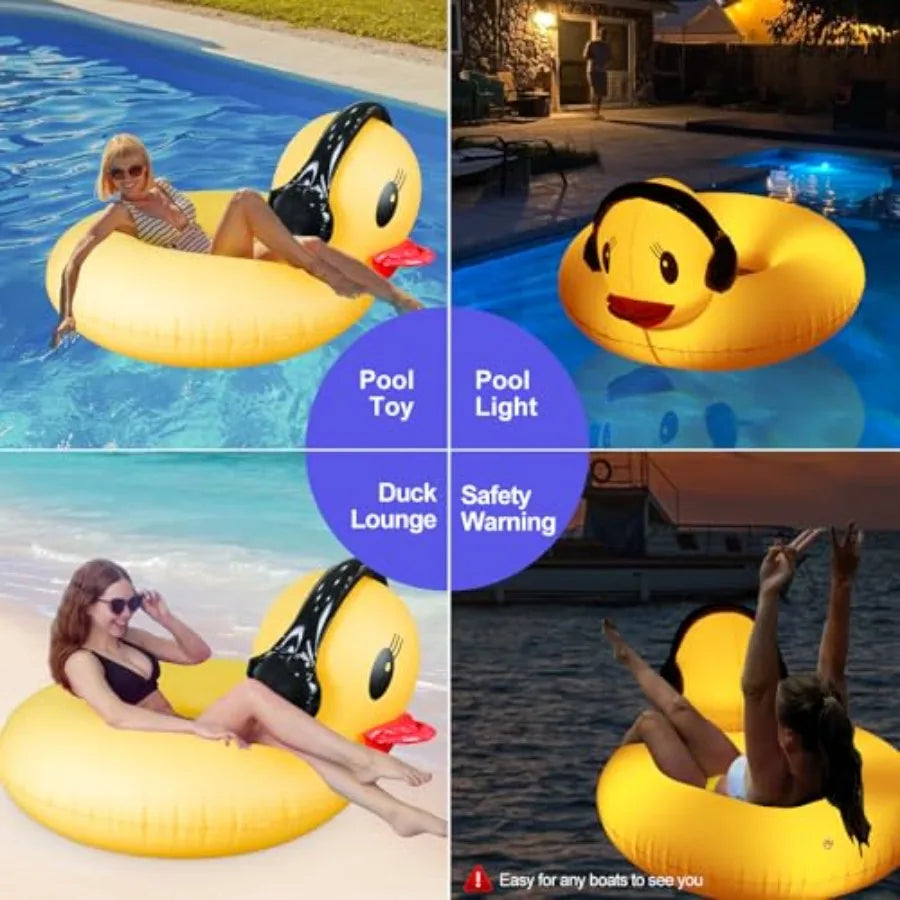 Inflatable Duck Pool Float with Lights, Solar Pool Inflatables Duck Floaties for Adults, 42" Large Animal Swim Tube Ring Pool F