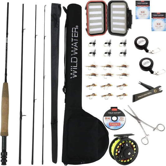 Deluxe Fly Fishing Combo Starter Kit, 7-Foot Pole, 4-Piece Fly Rod Kit, 3/4 Weight, Fishing