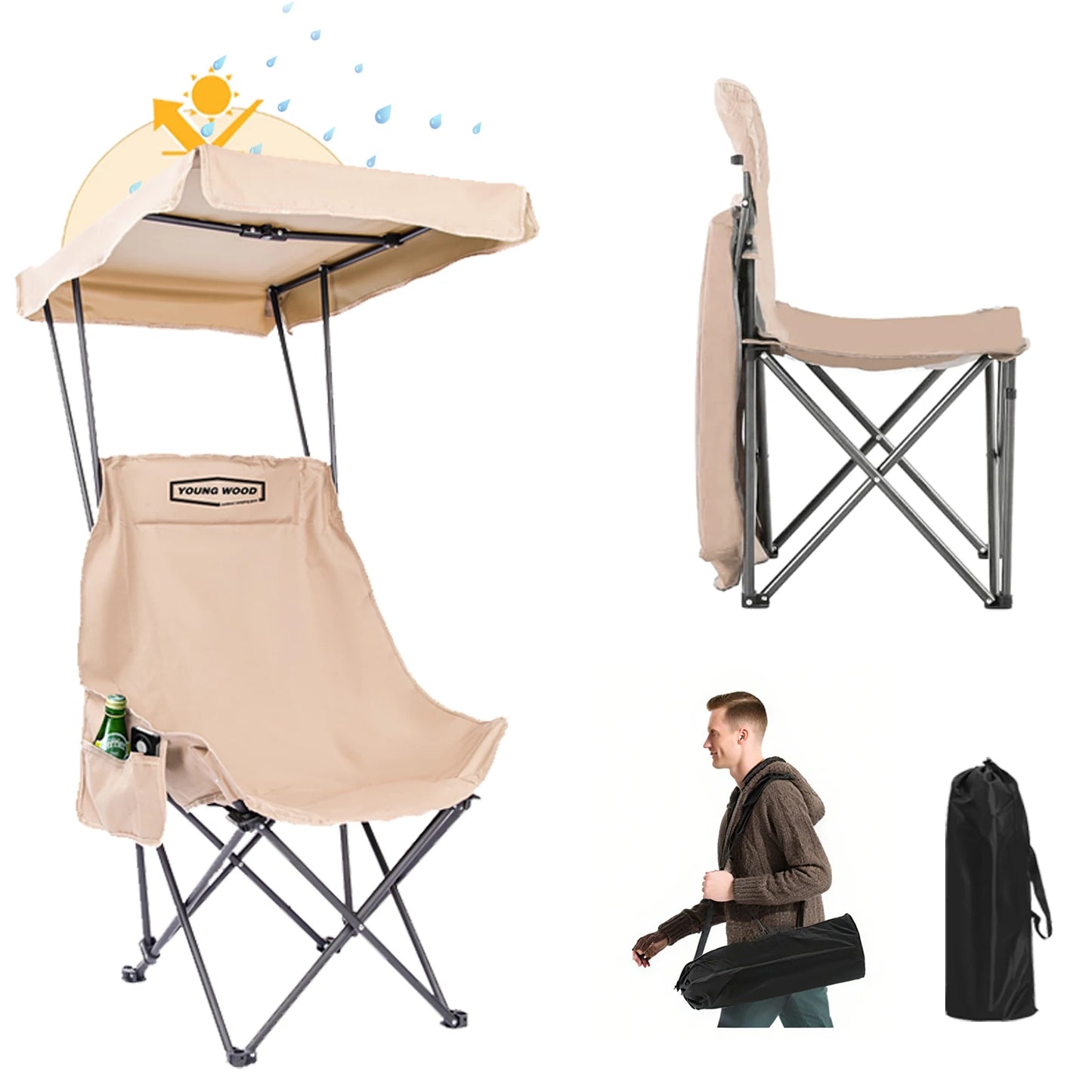 2PC Fold Lightweight Oversized For All YOUNG WOOD Portable Camping Chair Beach Chair With Shade Canopy, Easy To Open And Close