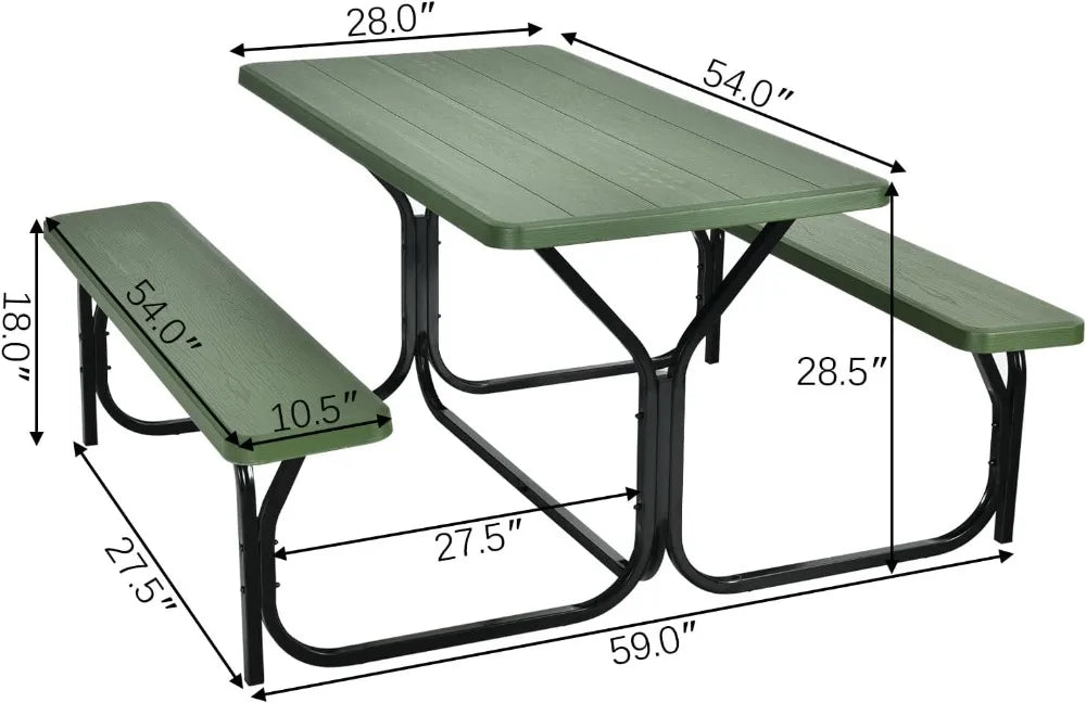 Portable Picnic Table Bench Set for 4, Heavy-Duty Steel Frame & Resin Top, All-Weather Outdoor Camping BBQ Garden Green