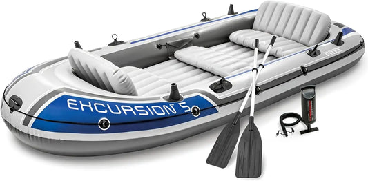 5 Person Inflatable Boat Set - Large 1,300 Lb Capacity Fishing Raft with Oars, Pump, Rod Holders