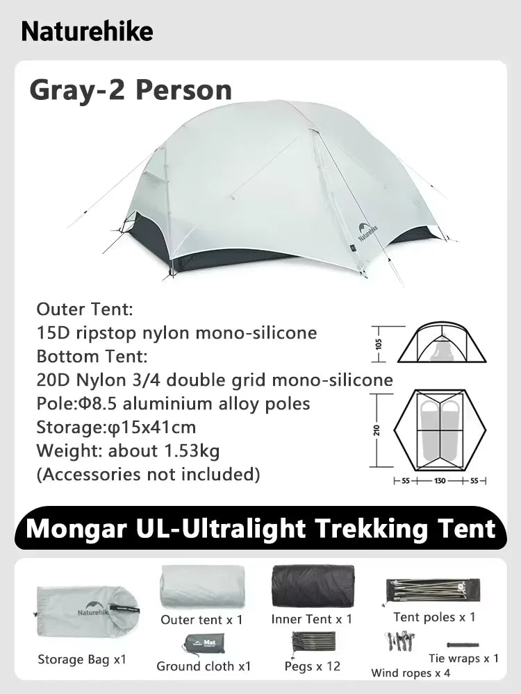 Naturehike Mongar UL Ultralight Backpacking Tent 15D Nylon Waterproof Hiking Tent 1/2 Person Riding Travel Trekking Shelter Tent