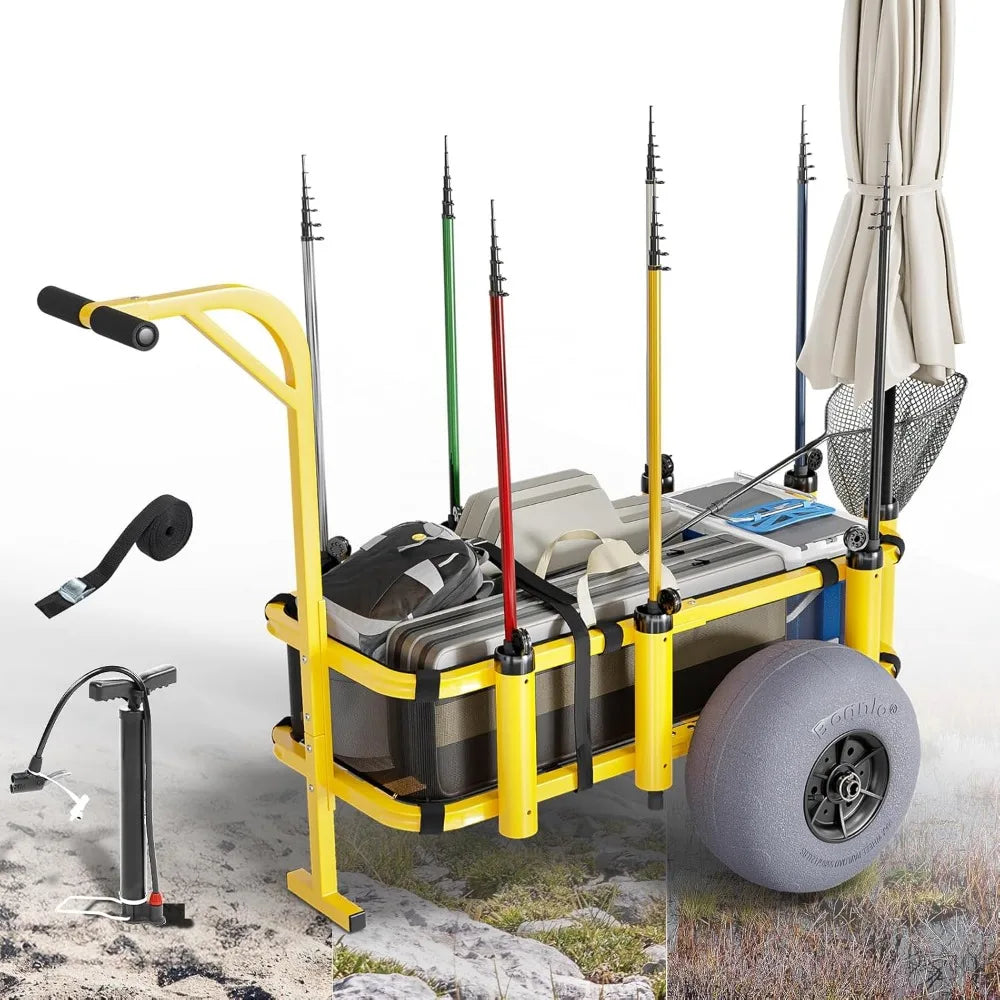 Foldable Beach Fishing Cart with Big Balloon Wheels Sand Wagon 300 lbs Load 8 Rod Holders Mesh Bag Pump