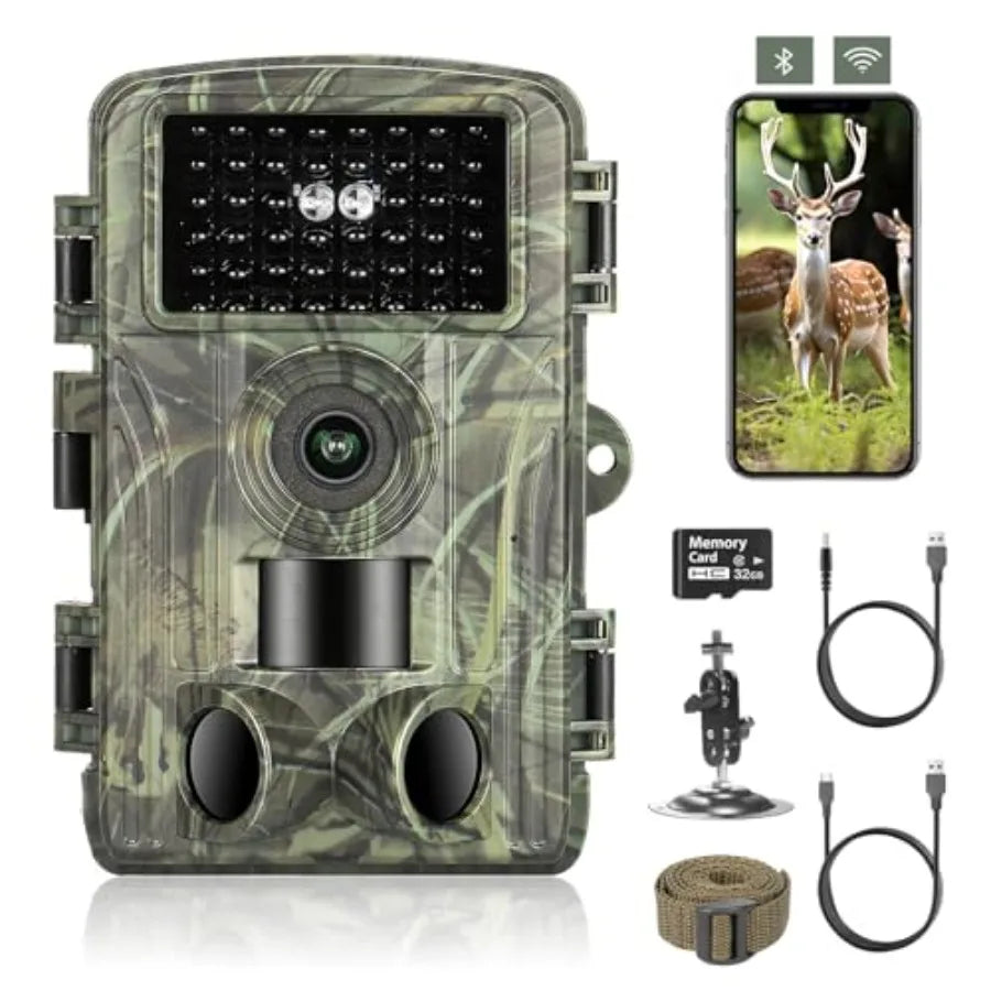 Wildlife monitoring trail camera with 4K/60MP resolution, IP66 waterproof housing, black matte finish, no-glow infrared LEDs an