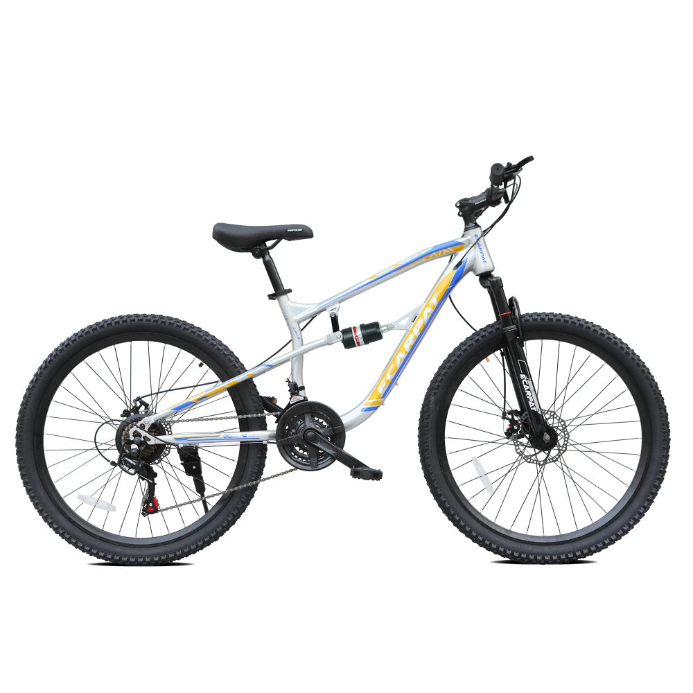 A2670 26 Inch Mountain Bike with 21-Speeds & Full Suspension Steel Frame, Alloy Rims, Disc Brakes For All Terrains, Men & Women, Multiple Colors