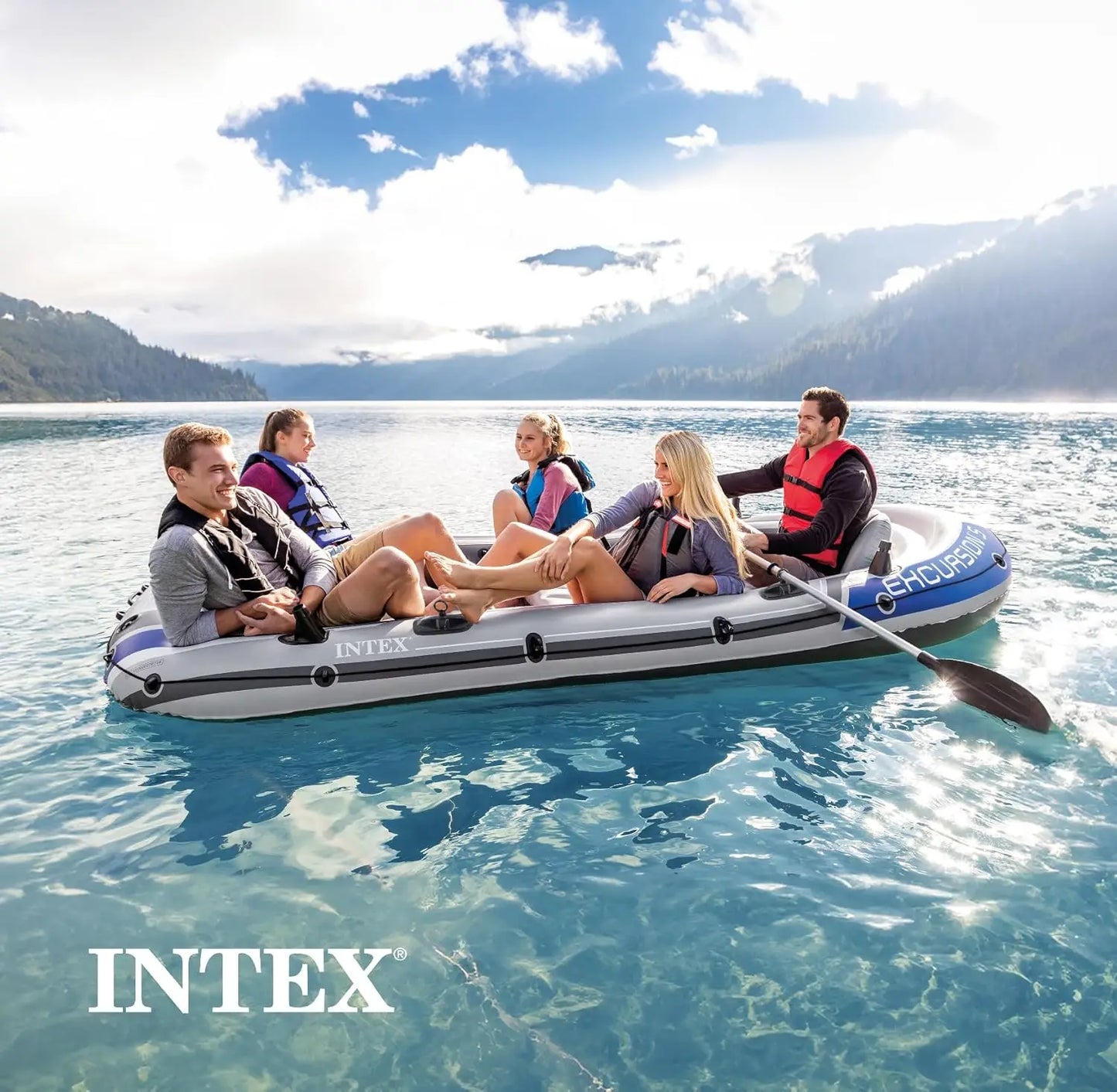 Excursion 5 Person Inflatable Boat Set with 2 Aluminum Oars and Pump,  12V Transom Mount Boat Trolling, and Motor Mount, Custom