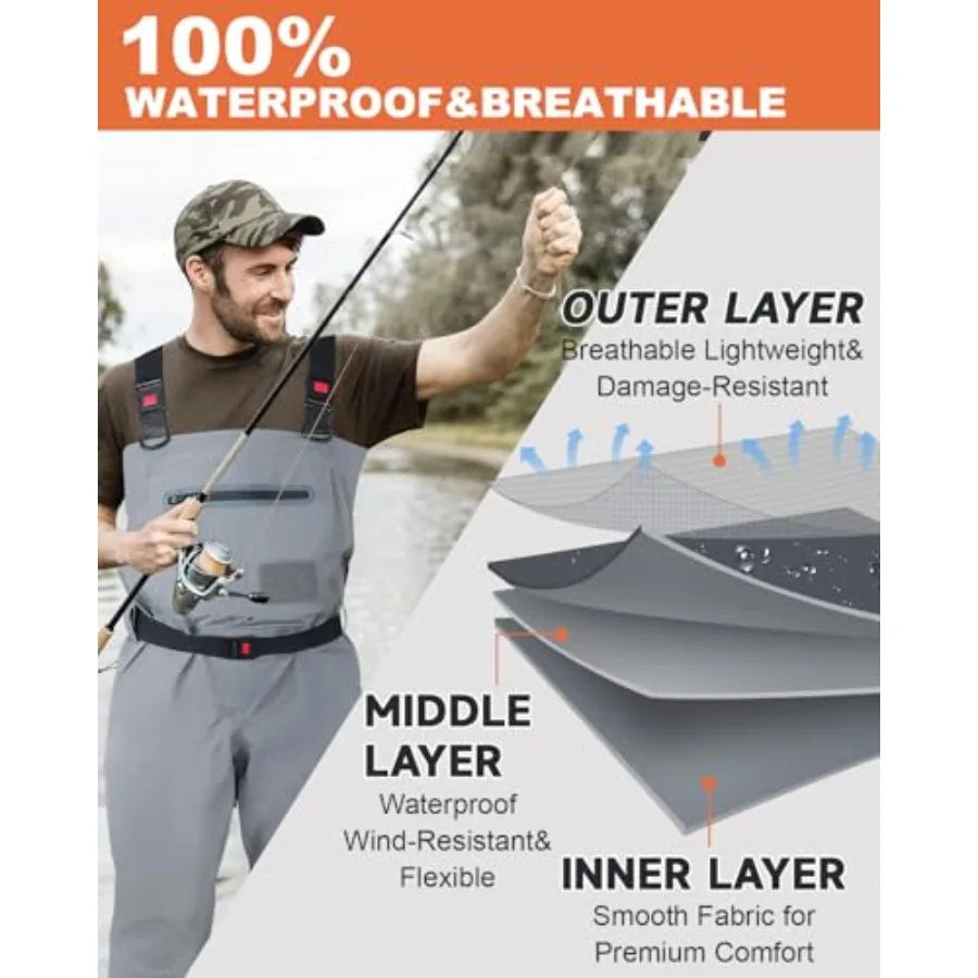 Breathable Stocking Foot Waterproof Chest Waders for Men Women Lightweight Waders for Fly Fishing in Black